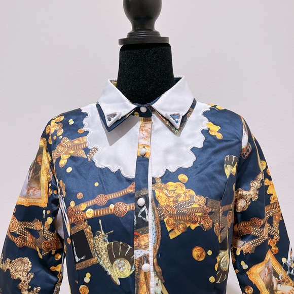 Elf Sack collared pleated snail print multicolor long sleeve Dress Size L - Picture 4 of 9